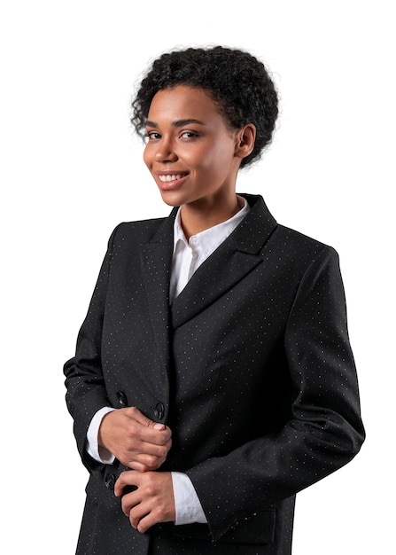 Geschäftsfrau isoliert auf weißem Hintergrund Junge lächelnde afrikanische Geschäftsfrau, die formellen Anzug steht