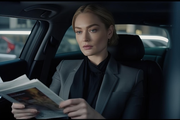 Geschäftsfrau liest Zeitschrift im Auto vor dem Hintergrund der Stadt