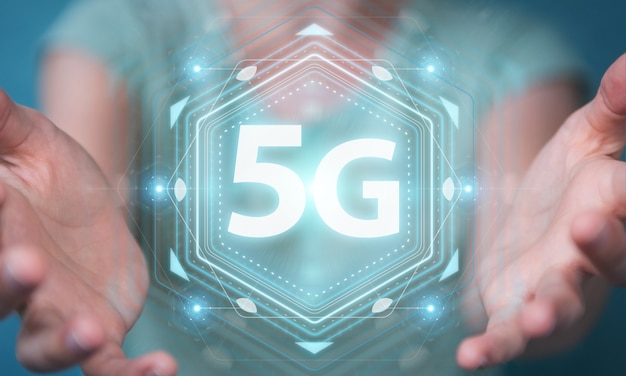 Geschäftsfrau mit 5G-Netzwerkschnittstelle, 3D-Rendering