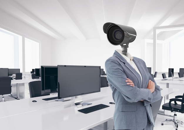 Geschäftsfrau mit CCTV-Kopf im Büro