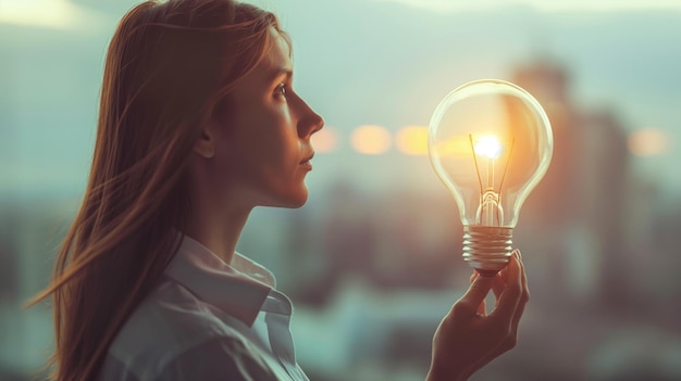 Geschäftsfrau mit einem Glühbirnenkopf, der geniale Ideen, Innovation und Kreativität darstellt