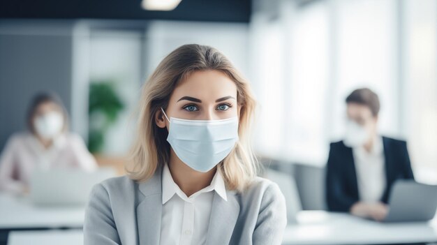 Foto geschäftsfrau mit gesichtsmaske im büro