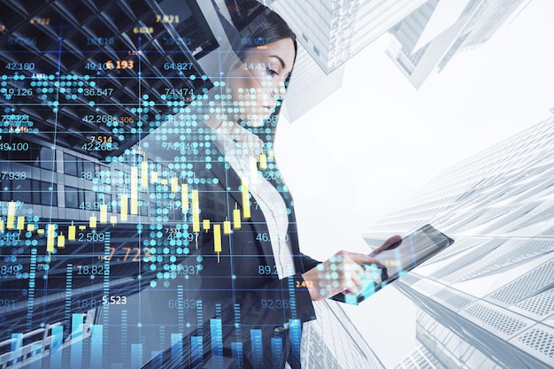 Geschäftsfrau mit Kaffeetasse und kreativem Forex-Diagramm mit Candlestick-Diagramm