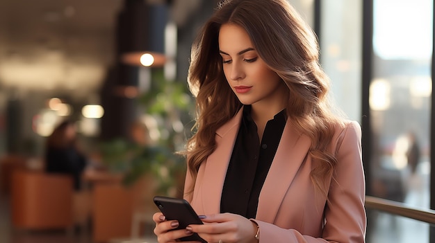 Foto geschäftsfrau mit smartphone im kaffee-café generative ai