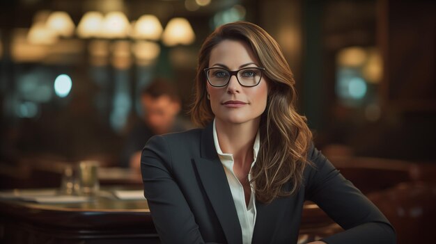 Foto geschäftsfrau mittleren alters mit brille steht im büro, das von ki generiert wurde