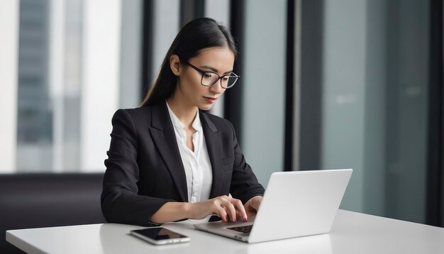 Geschäftsfrau nutzt Mobiltelefon, während sie auf Privatdaten auf Laptop zugreift