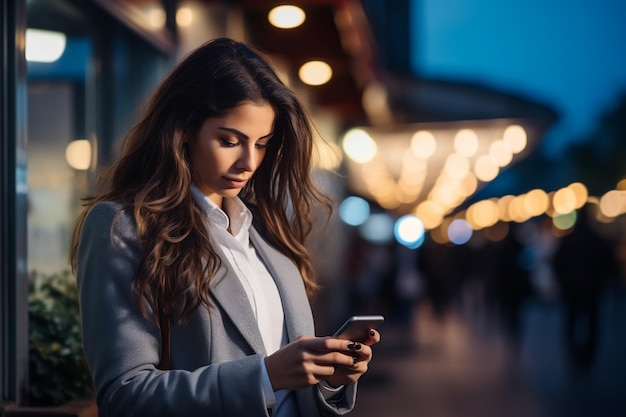 Geschäftsfrau nutzt Smartphone im Freien KI