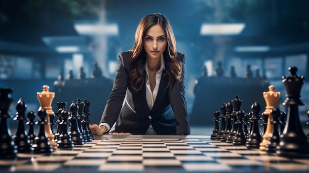 Geschäftsfrau plant Erfolg auf dem Schachbrett