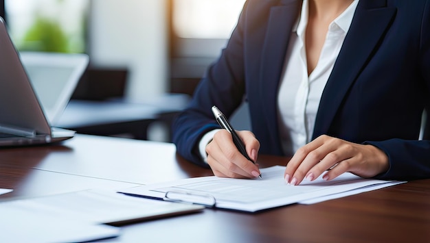 Geschäftsfrau schreibt am Schreibtisch im Büro auf Papier