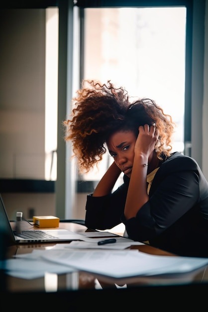 Geschäftsfrau sitzt mit dem Kopf in den Händen an einem Tisch. Negative Emotionen aufgrund der Aktienkurse auf dem Markt Creative Ai