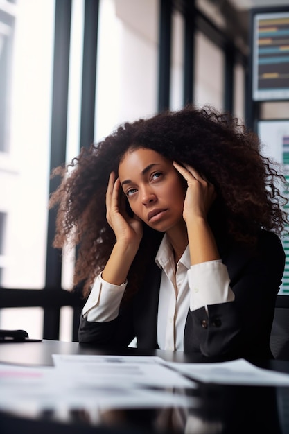 Geschäftsfrau sitzt mit dem Kopf in den Händen an einem Tisch. Negative Emotionen aufgrund finanzieller Probleme. Kreative KI