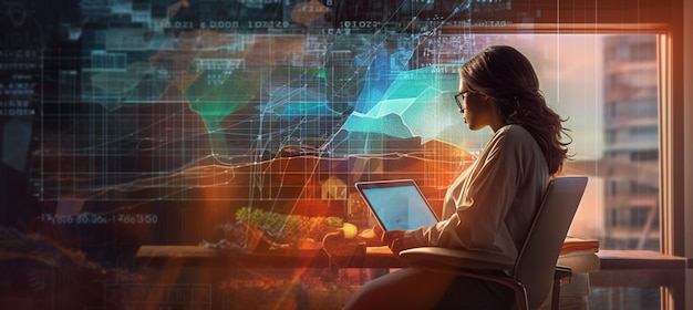 Geschäftsfrau sitzt vor einem Laptop mit Finanzdiagrammen und Statistiken auf dem Monitor