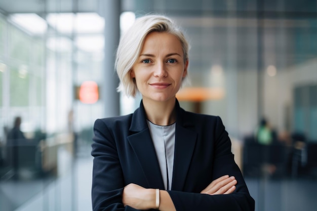 Geschäftsfrau steht vor einer Glaswand in einem modernen Büro und sieht selbstbewusst und erfolgreich aus