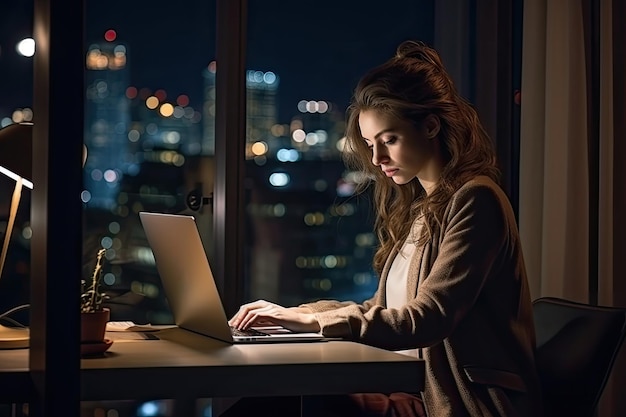 Geschäftsfrau tippt am Laptop und arbeitet spät abends im Büro