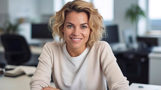 Geschäftsfrau Unternehmerin arbeitet an ihrem Schreibtisch flirtende lächelnde Blondine