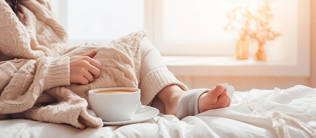 Geschäftsfrauen, die am Laptop arbeiten und Kaffee auf dem weißen Bett im Schlafzimmer trinken, vermitteln eine entspannte Stimmung in der Wintersaison. Lifestyle-Konzept mit Platz für