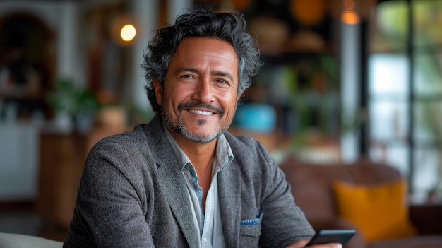 Geschäftsführer Hispanic benutzt Handy Laptop Lächelnde lateinische oder indische reife Mann arbeitet online auf Gadget sitzt im Büro