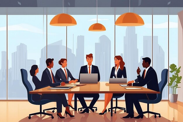Geschäftsgespräche sind immer eine ernsthafte Aufnahme einer Gruppe von Geschäftsleuten, die sich in einem Vorstandssaal bei der Arbeit treffen.