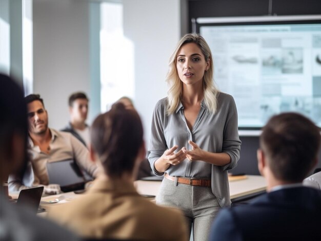 Geschäftsgruppe, professioneller Kollege, Teamarbeit, Manager, Besprechung, Diskussion, Büro, Geschäftsfrau, generative KI