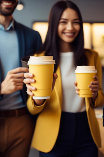 Geschäftskollegen mit Einwegkaffeebechern im Coworking-Büro