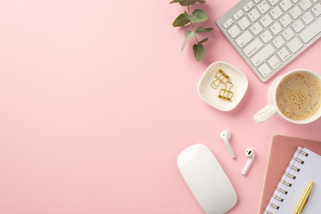 Geschäftskonzept Draufsichtfoto der Workstation-Tastatur, Computer-Maus, Tasse Heißgetränk, kabellose Ohrhörer, Ordner-Clips, Stift-Erinnerungen, Eukalyptusblätter auf isoliertem rosa Hintergrund mit leerem Raum