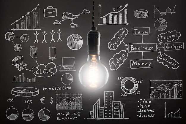 Geschäftskonzeptskizze mit Schemata und Diagrammen auf Tafel