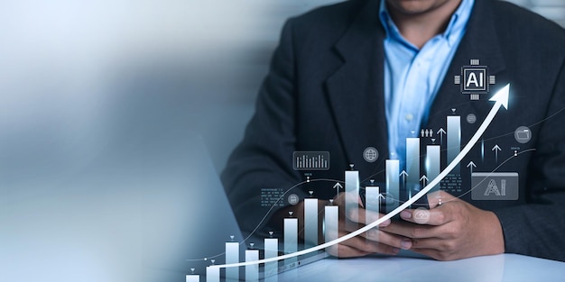 Foto geschäftsleute analyse unternehmenswachstum zukünftiges geschäftswachstum pfeildiagramm entwicklung zur erreichung von zielen geschäftsperspektive und finanzdaten für investitionen mit künstlicher intelligenz ki