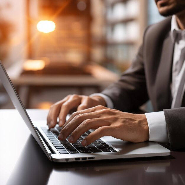 Geschäftsleute arbeiten mit Laptop an einem von der Büro-KI generierten Bild