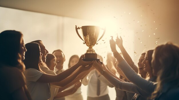 Foto geschäftsleute, die die gold-trophäe für die auszeichnung zusammen feiern