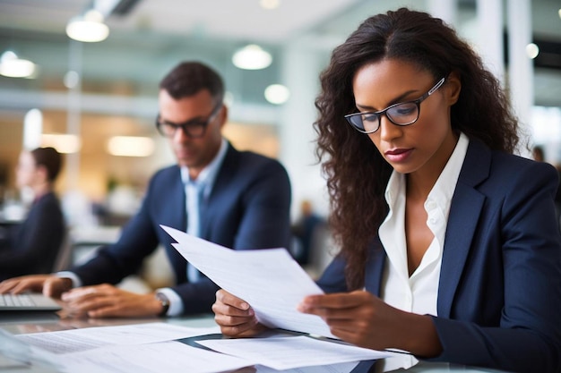 Geschäftsleute, die Papierarbeit im Büro überprüfen