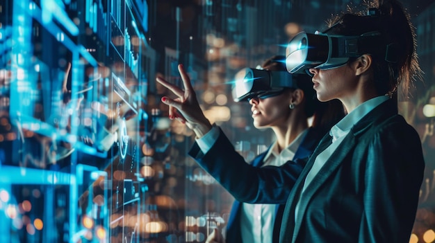 Geschäftsleute erforschen eine virtuelle Datenlandschaft mit erweiterter Realität