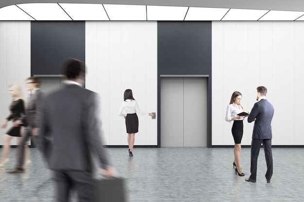 Geschäftsleute gehen durch eine Aufzugshalle mit weißen Wänden, Betonboden und zwei Aufzügen mit grauen Türen. 3D-Rendering