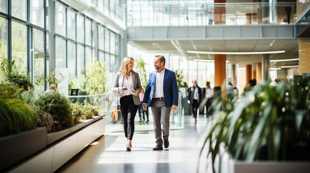 Geschäftsleute gehen und sprechen in einem modernen Open-Plan-Büro