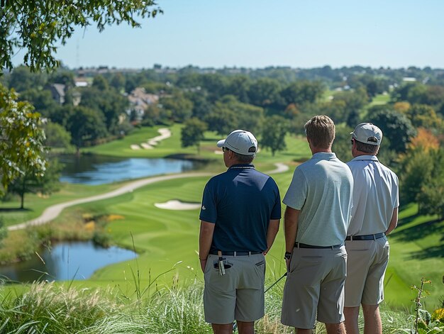 Geschäftsleute genießen während eines Unternehmensgolfausflugs einen atemberaubenden Ausblick