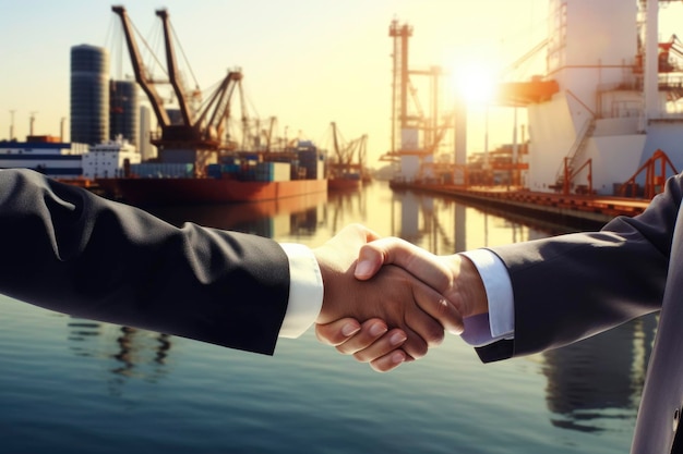 Geschäftsleute schütteln sich die Hände im Hintergrund mit dem Geschäftskonzept des Frachthafens