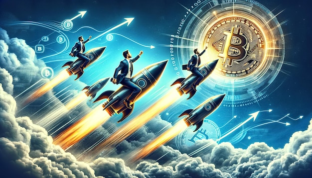 Geschäftsleute starten mit der Rakete zu Bitcoin Bitcoin ist ein schnell wachsendes Konzept der digitalen Währung