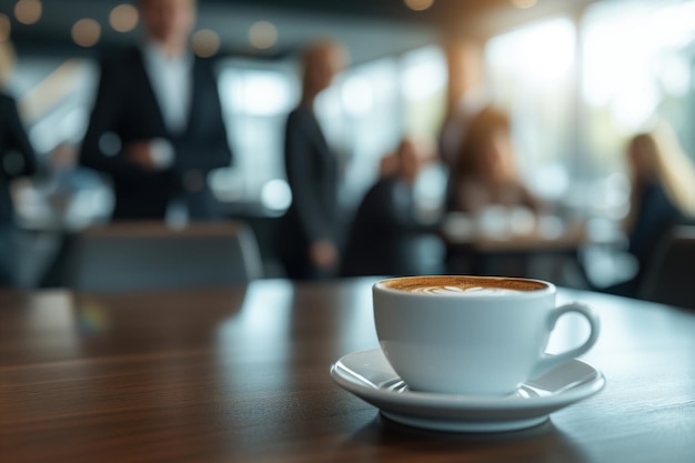 Geschäftsleute stehen mit Kaffee um einen Tisch herum