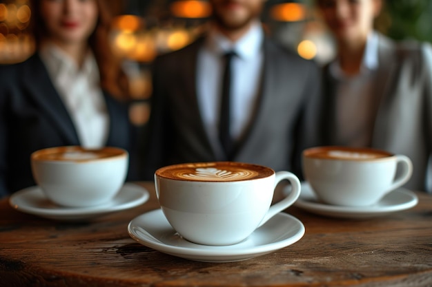 Geschäftsleute stehen mit Kaffee um einen Tisch herum
