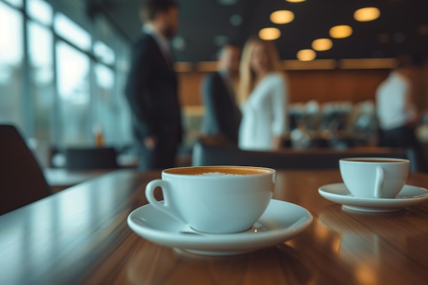 Geschäftsleute stehen mit Kaffee um einen Tisch herum