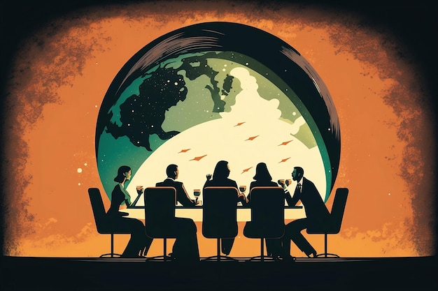 Geschäftsleute treffen sich an einem runden Tisch auf dem Planeten Erde