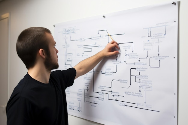 Geschäftslösungen Ein nicht wiederzuerkennender Mann zeigt auf ein Flussdiagramm auf einem Whiteboard