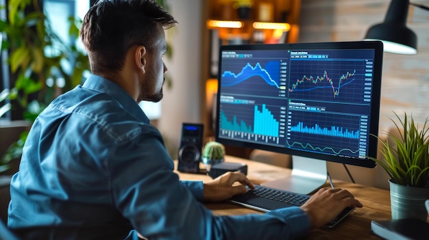 Geschäftsmann analysiert Krypto-Graphen vor einem Computer