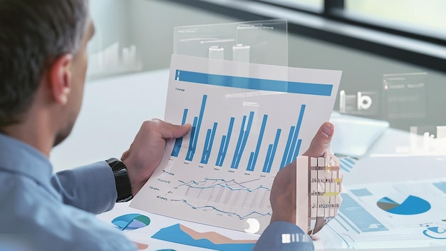Geschäftsmann analysiert Unternehmen Unternehmensdatenmanagement-Geschäftsanalysen mit Diagrammmetriken
