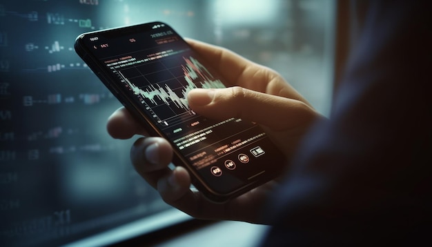 Geschäftsmann analysiert Wachstumsdiagramm auf Smartphone, das von KI generiert wurde