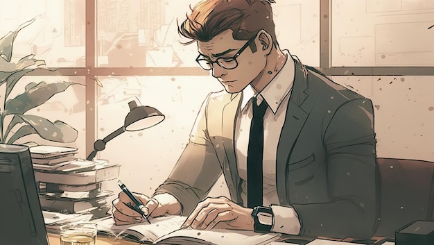 Geschäftsmann arbeitet am Laptop im Büro niedlichen Cartoon-Stil Hintergrund