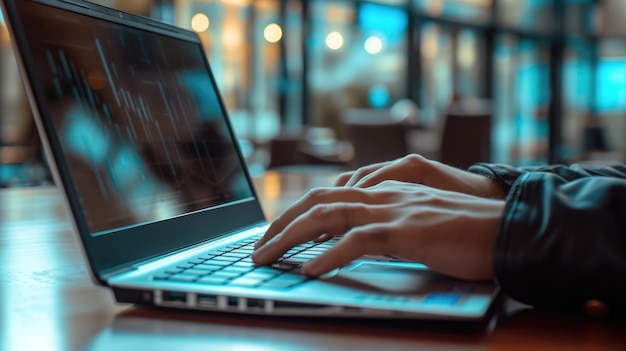 Geschäftsmann arbeitet an einem Laptop an seinem Büro-Schreibtisch und konzentriert sich auf den mittleren Teil der Tastatur