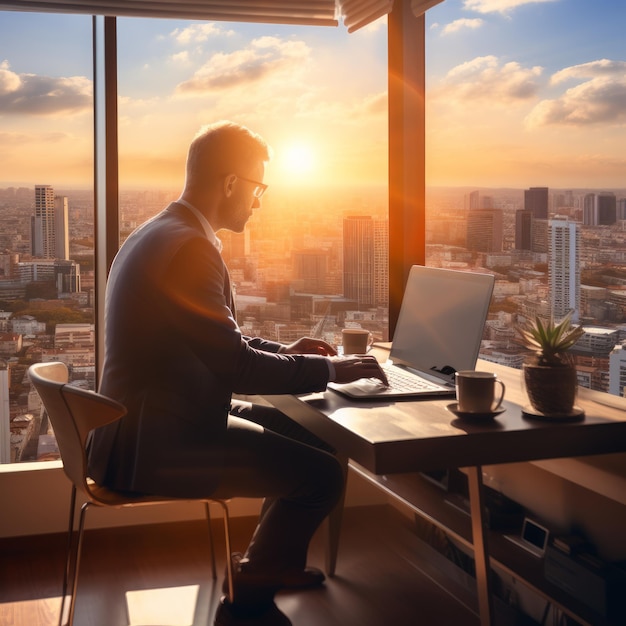 Geschäftsmann arbeitet an einem Laptop in einem modernen Büro mit Blick auf die Stadt