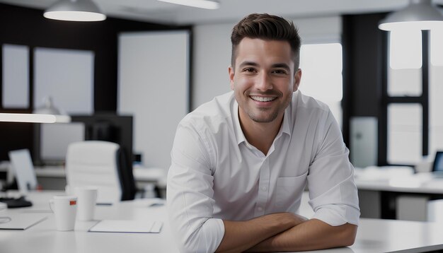 Geschäftsmann arbeitet im Büro Porträt eines hübschen jungen Mannes, der im Büro arbeitet und glücklich lächelt