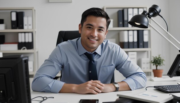 Foto geschäftsmann arbeitet im büro porträt eines hübschen jungen mannes, der im büro arbeitet und glücklich lächelt