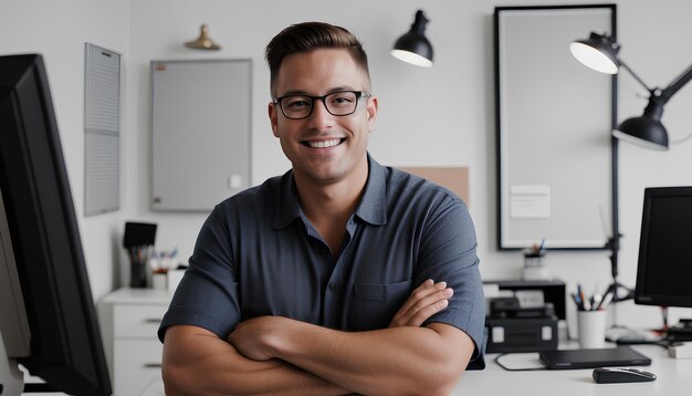 Geschäftsmann arbeitet im Büro Porträt eines hübschen jungen Mannes, der im Büro arbeitet und glücklich lächelt